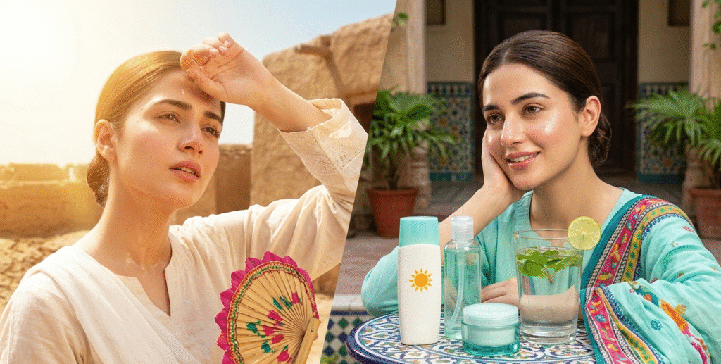 Essence of the Pakistani summer skincare routine. The image contrasts the intense summer heat with refreshing solutions like sunscreen, lightweight moisturizers, and hydration, all set within a traditional local Pakistani environment.